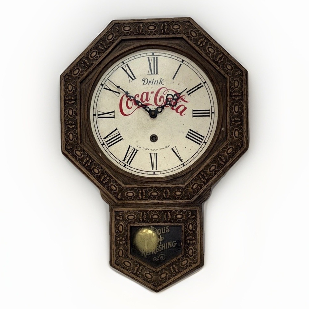 Vintage Coca Cola Pendulum Electric Wall Clock Faux Wood Grain Not Working Stuck